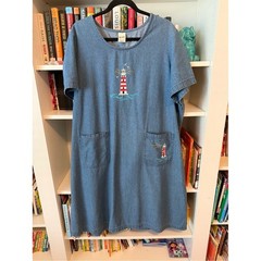 Vintage Blair Denim Dress with Red & White Lighthouse Embroidery