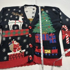 VTG 90s Ugly Christmas Sweater Candy Cane Button Cardigan Size L Santa Xmas Tree