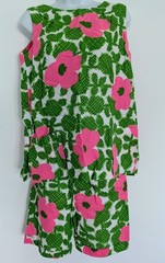 Vtg Made in Hawaii Hawaiian Bright Green Pink Flowers 2pc Set Playsuit 70s L/XL