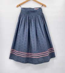 Vintage Alphorn Trachtenmode Skirt SMALL, Blue Cotton, Smock-Waist Velvet-Trim