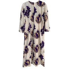 Bula Fiji Vintage Handmade Womens Tan Purple Floral Housecoat Style Tunic Dress
