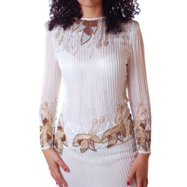 1980s VTG Crystal Evening Wear Silk Chiffon Beaded Top & Skirt Set Off White M