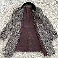 Vintage 60s Mid-Length Velvet Collar Wool-Blend Herringbone Coat