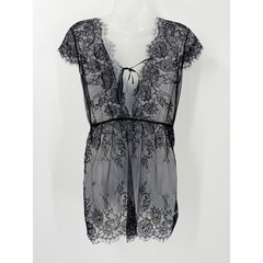 Whimsigoth Goth Black Floral Victorian Lace Sheer Babydoll Top Eyelash Trim sz L