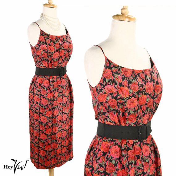 Vintage Mr Mort Fitted Dress Red Rose on Black Metal Zip Sz S B34 W24 – Hey Viv