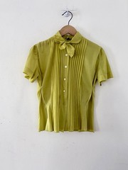 40s 50s Chartreuse Hand Embroidered Nylon Bow Tie Collar Shirt Tailored Pintucks