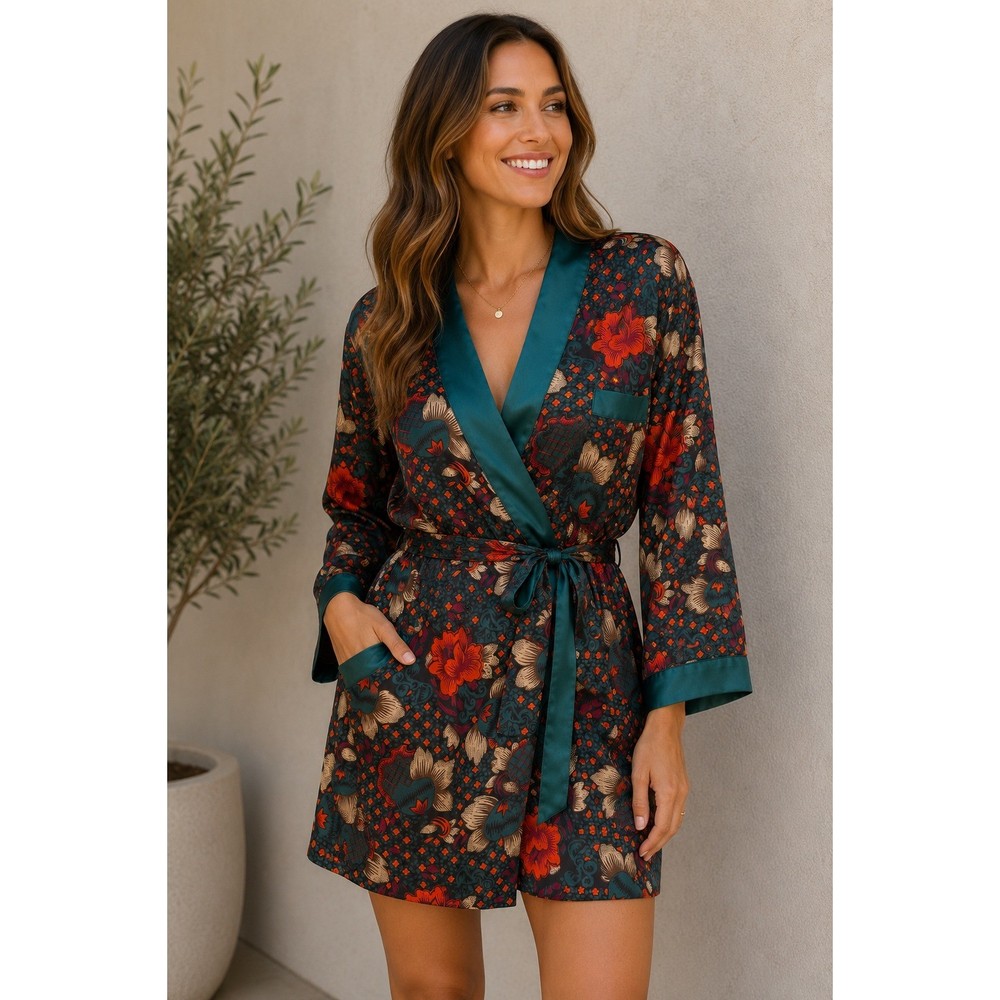 VTG Women’s M Satin Robe and Nightgown Set Teal Floral Boho 90s Retro