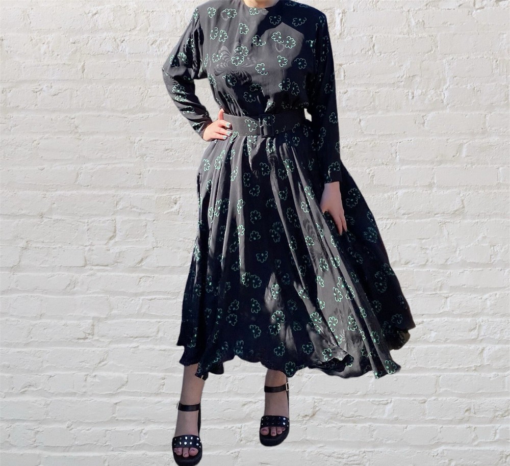 Vintage 100% Silk 80s Raul Blanco Dress Black & Green Flower Dress Sz 12
