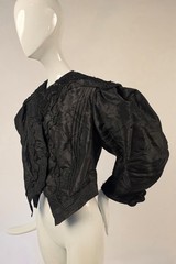 GOTHIC EDWARDIAN BLACK SILK TAFFETA PUFF SLEEVE JACKET W LACE + PIPING