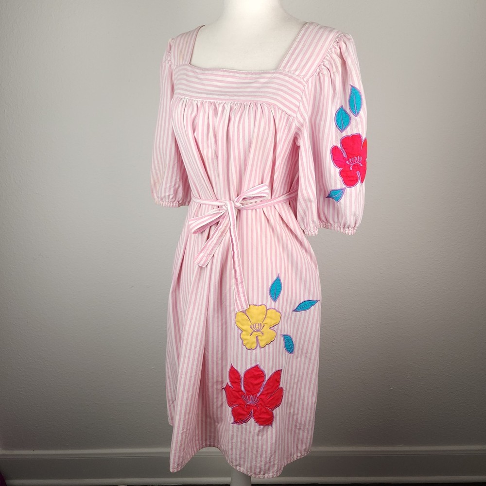 Vintage 80s Sundress MuMu House Dress Flower Applique Pink White Stripe [STAIN]