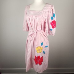 Vintage 80s Sundress MuMu House Dress Flower Applique Pink White Stripe [STAIN]