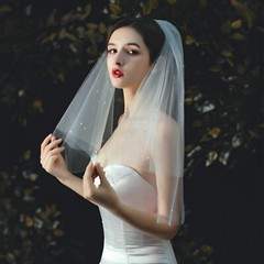 Bride Double Layered Pure White Pearl Veil Headwear Engagement Wedding Lace Veil