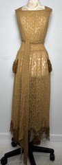 Vtg Gold Floral Lace Maxi Dress Open Back Tie Waist Bohemian Resort Evening
