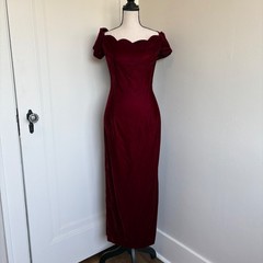 Vintage 80’s Roberta Burgundy Velvet Maxi Dress Scalloped Off Shoulder Gown 7/8