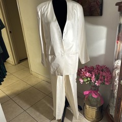 Adrienne Vittadini 100% Silk Ivory Long Tunic Blazer Suit W/Trousers~VNTG~Sz 6/8