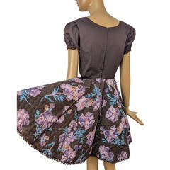 70s Square Dance Co Vintage Brown Quilted Floral Puff Sleeve full skirt Dress