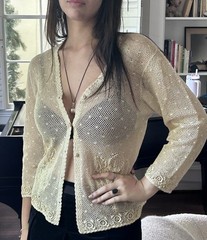 Vintage L Crochet Cardigan Ivory Boho Long Sleeve Cottage