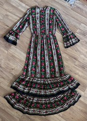 Vtg 60s 70s Folk Boho Rose Ruffle Maxi Dress Gown Floral Size Small Medium
