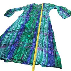 Vintage Anne Crimmins UMI 100% Silk Midi Dress Green Blue Bell Sleeve Size 8