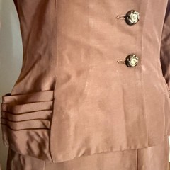 2pc VTG 40s MCM Brown Crepe Suit Rhinestone Button Jacket A-Line Skirt Women S