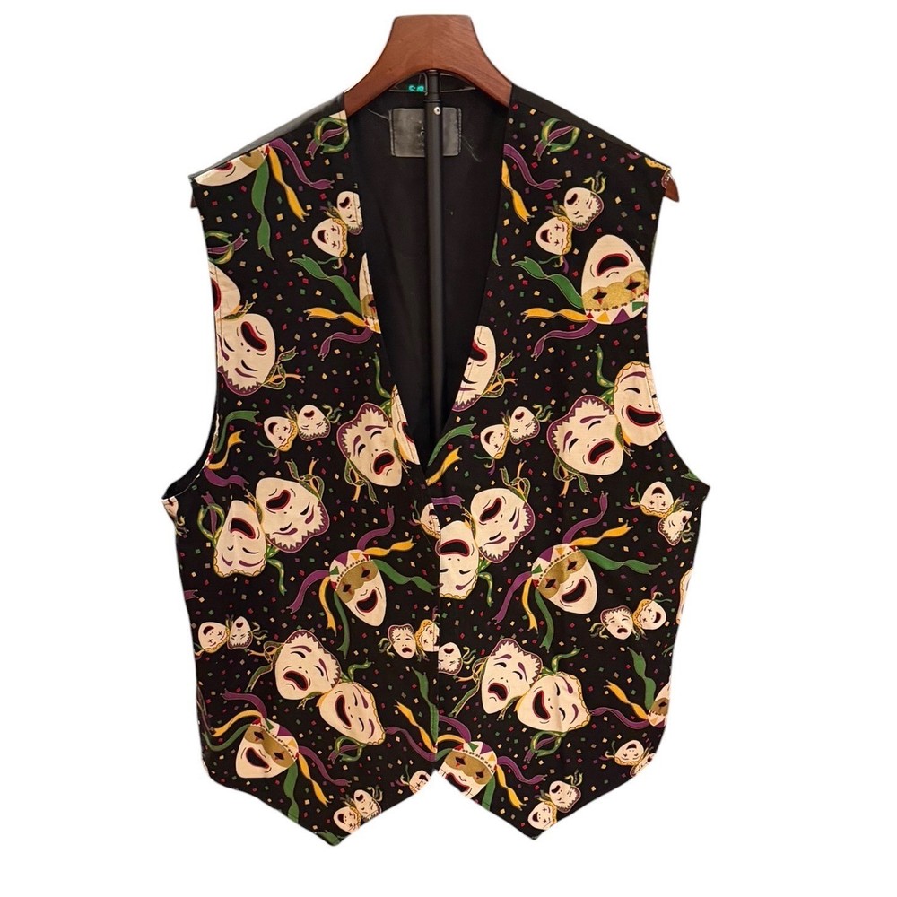Vtg Theater Comedy Tragedy Mask Novelty Print Vest Black Multicolor V-Neck XL