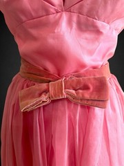 Vintage 1950’s Pink Satin Tulle Velvet Formal Prom Dress With Veil Belt XS