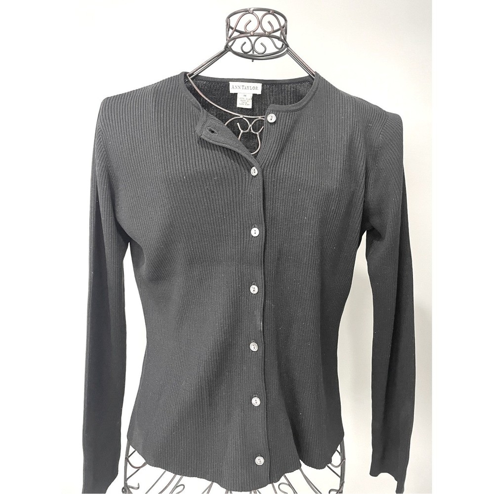 100% Silk Ann Taylor Vintage Ribbed Knit Cardigan Sweater Black Women Medium EUC