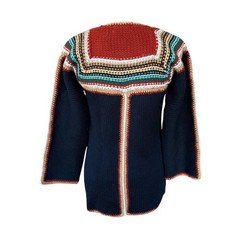 Vintage 70s Chunky Knit Striped Cardigan Navy Boho Geometric Sweater Pockets