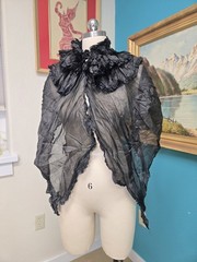 Antique Victorian Black Silk Mourning Shawl Cravat Ruffled Gothic Lolita