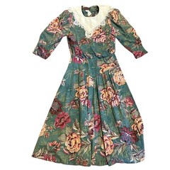 Vtg 80s Lisa II Pink Sage Green Floral Cotton Cottage Core Tea Dress Lace Small