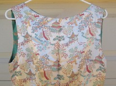 Asian Silky Cocktail Dress Peach Red Yellow Turquoise Blue Landscape Vintage