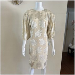 1980s Hanae Mori Silk Dress Metallic Rose Damask Bow Frost Bros VTG