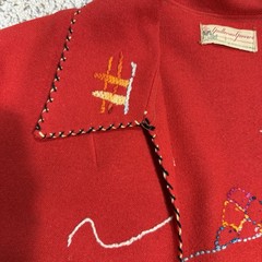 Vintage 1950s Guillermo Guevara Made In Mexico Red Hand Embroidered Wool Jacket
