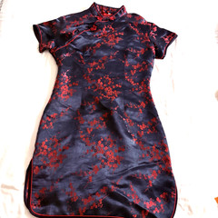 VTG Black Red Floral Silk Satin Cheongsam Qipao Dress Mandarin Collar Size Lrg