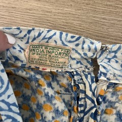 Vintage 70s India Imports of Rhode Island blue block print Empire Waste V Neck S
