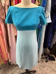Vintage 1960-70s Emma Domb Prom Gown Dress Velvet Bodice Teal Blue Jrs S/6
