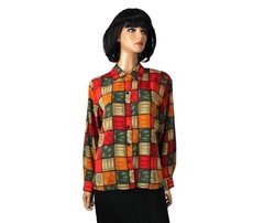 Vintage 90s Blouse Sz M Notations Funky Red Green Yellow Checkered Dress Shirt