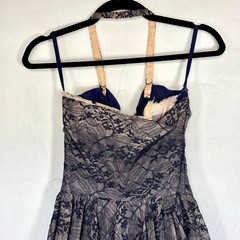 Vintage 1950s Navy Pink Floral Net Lace Tulle Halter Party Dress Velvet Bows