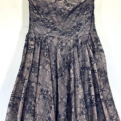 Vintage 1950s Navy Pink Floral Net Lace Tulle Halter Party Dress Velvet Bows