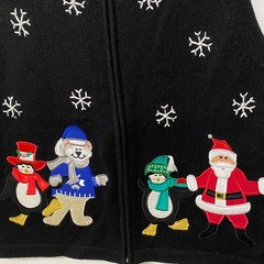 Vtg Y2K Womens Christmas Holiday Zip Sweater Vest L Black Kitschy Grandmacore