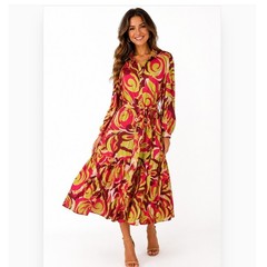 Flying Tomato Midi Dress Women’s Medium Pink Lime Retro Swirl Belted