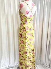 Vintage Y2K Yellow Pink Floral Fairy Silk Pleated Vacation Formal Gown Dress 6