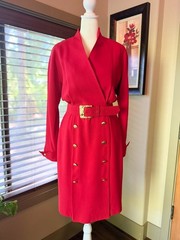 Vtg 80s Premier Dresses Red Trench Style Midi Dress Gold Buttons Belt 2P XS