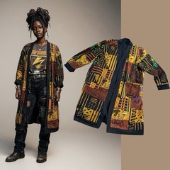 1990s African Tapestry Graphic Duster Coat Jacket Mudcloth Patchwork Reversible