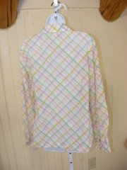 70 S DISCO BLOUSE GREEN YELLOW PINK PLAID COTTON POLY LIGHT WEIGHT BUTTON UP MED