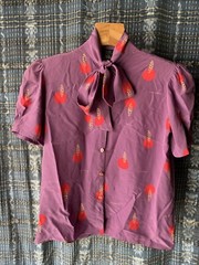 Vintage 1980s Charles Bianco Purple Red Tie Neck Blouse 100% Silk Short Sleeves