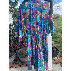 VTG Caliche 80s Abstract Floral Midi Dress Teal Purple Button Front Women 16P