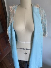 Vintage Odette Barsa Robe Lace Overlay Blue, Beige, Ribbon Trim Short,Snaps S/M