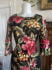 Vintage 1950s Vamp Black Hawaiian Mermaid Fishtail Maxi Dress Floral Barkcloth W