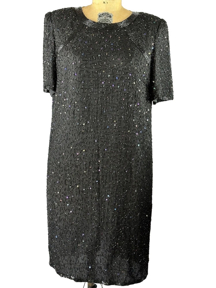Beaded Drama Special Occasion Dress Black Beads Iridescent Sequins Formal 16WP